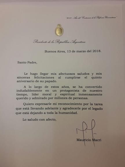 La carta que Macri el envió al Papa