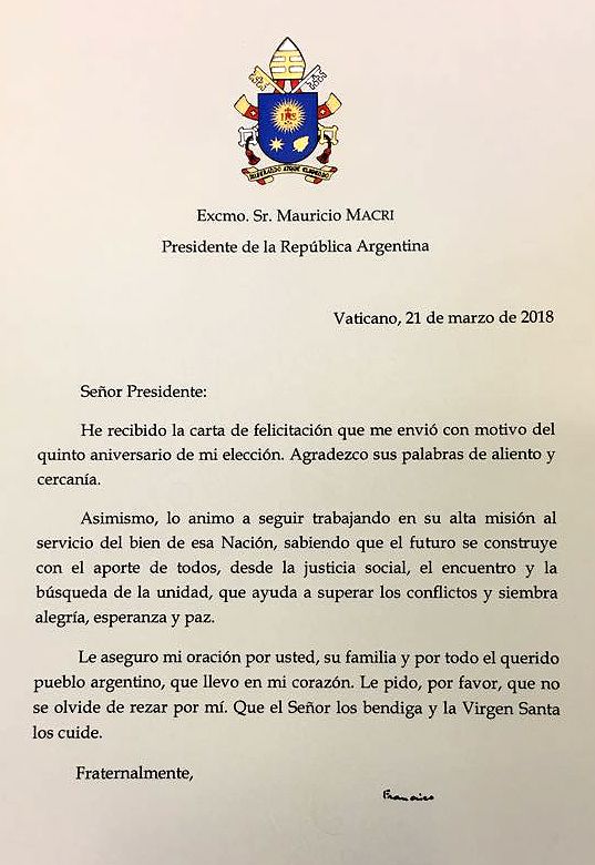 Carta del Papa Francisco a Mauricio Macri.