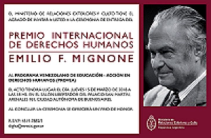 La invitación de a Cancillería argentina para la entrega del Premio Mignone a Provea que quedó desierta.
