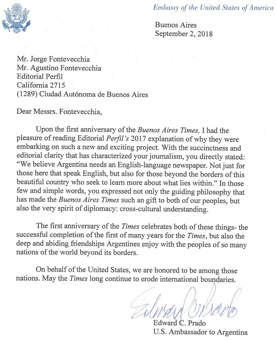 Carta del diplómatico norteamericano Edward Prado por el aniversario del Buenos Aires Times