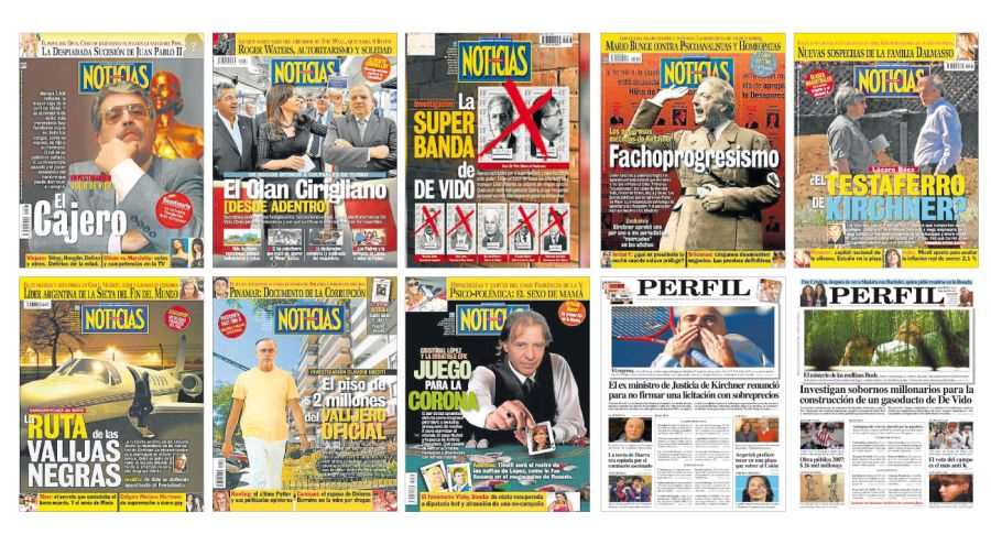 Algunas de las tapas de Noticias y Diario PERFIL denunciando a los Kirchner.