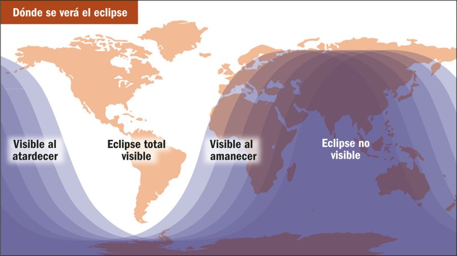 Los lugares donde se verá el eclipse lunar.