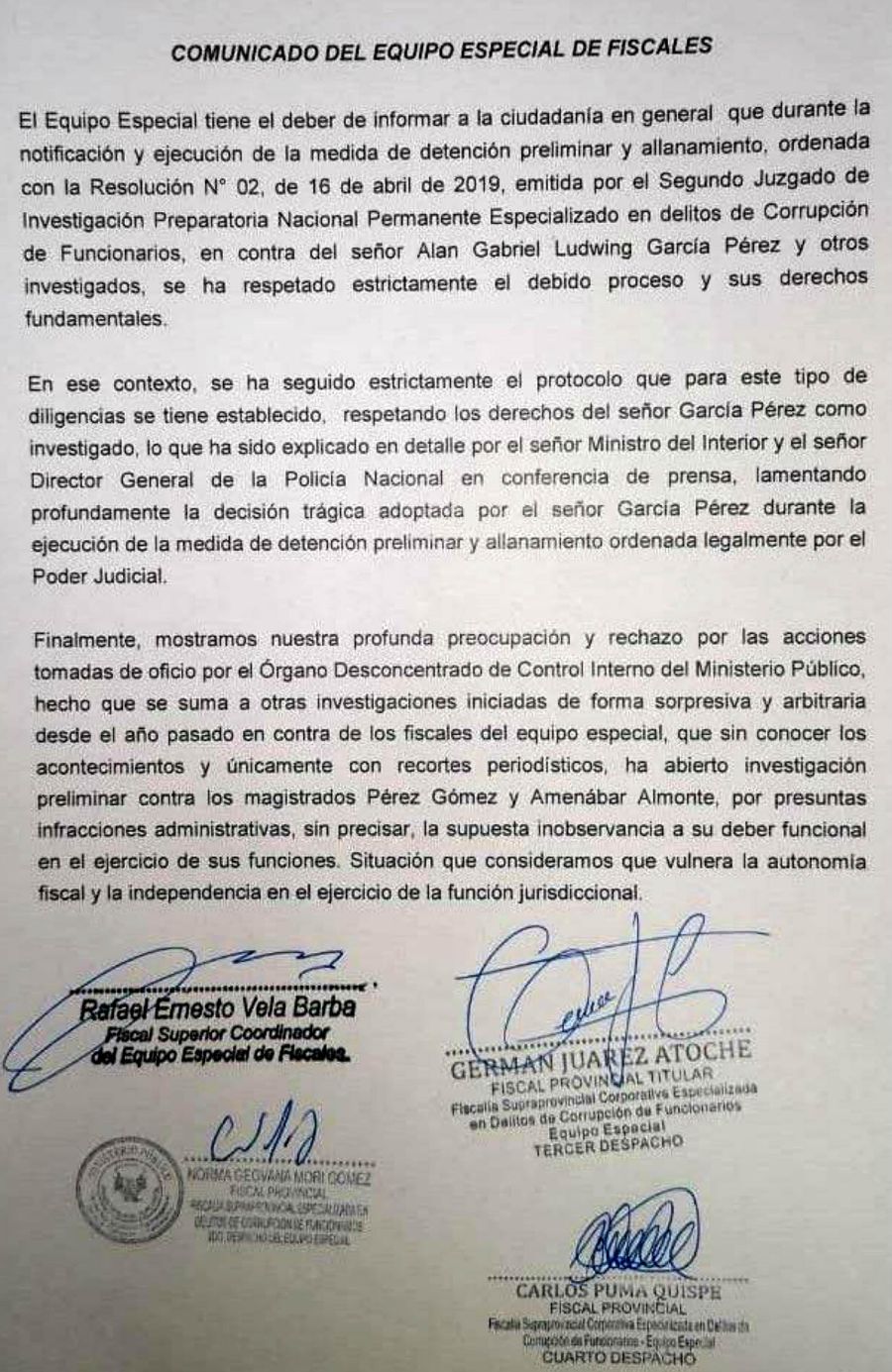 El comunicado del Equipo Especial de Fiscales del Lava Jato en Perú.