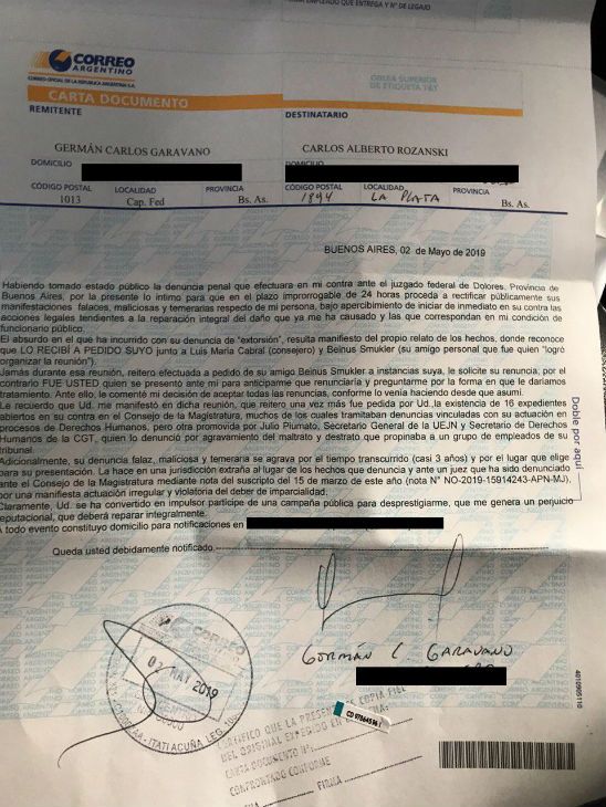 carta documento german garavano carlos rozanski 20190504