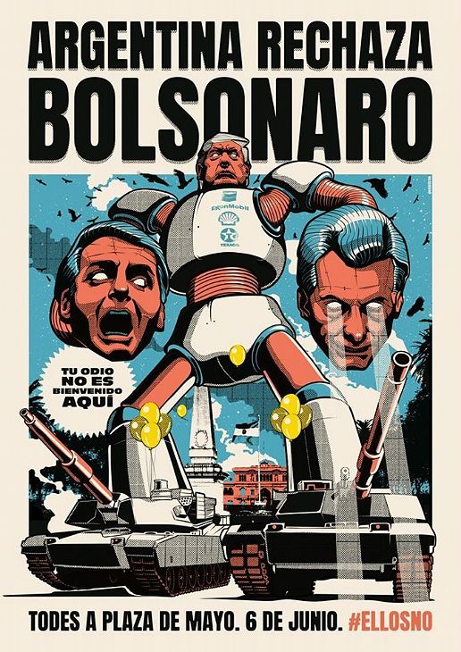 Afiches anti Bolsonaro en Buenos Aires.