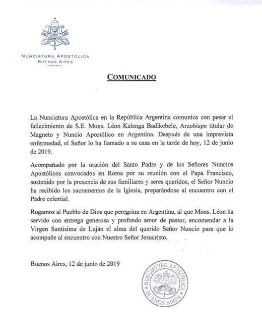 Comunicado de la Nunciatura Apostólica en Argentina por la muerte de León Kalenga.