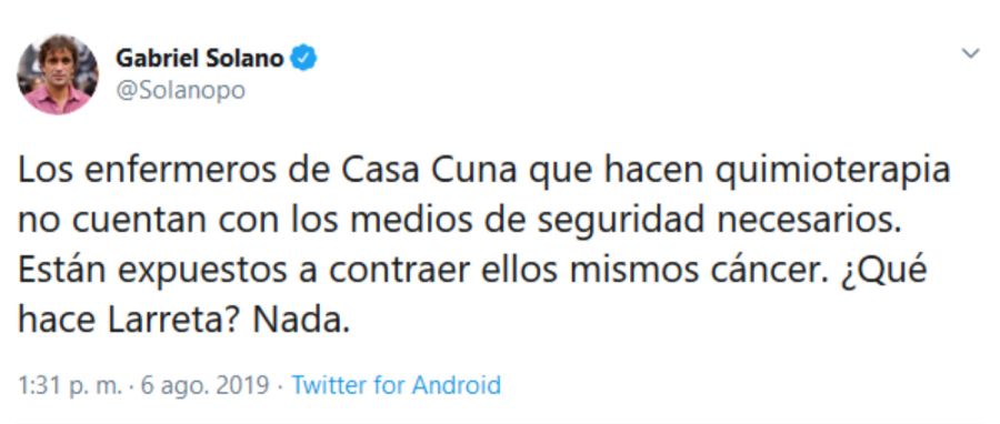 El tuit del candidato del Frente de Izquierda Unidad, Gabriel Solano. 