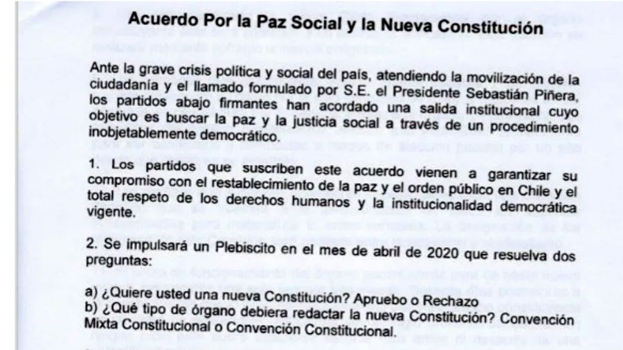 La parte inicial del documento de acuerdo alcanzado por las fuerzas políticas chilena sobre reforma constitucional.