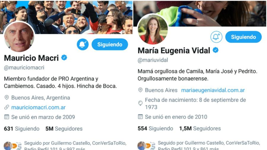 Perfil de Twitter de Macri y Vidal
