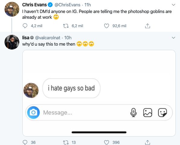 Chris Evans Racist DM Instagram
