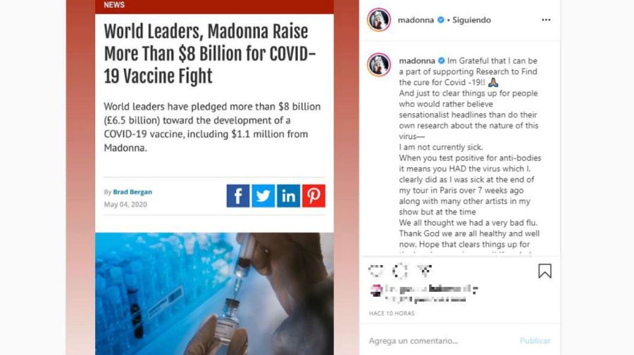 Madonna donó dinero para la cura del coronavirus