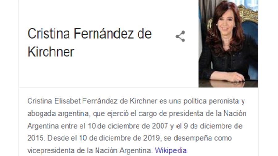Google corrigió este domingo 17 de mayo su calificación a Cristina Kirchner.