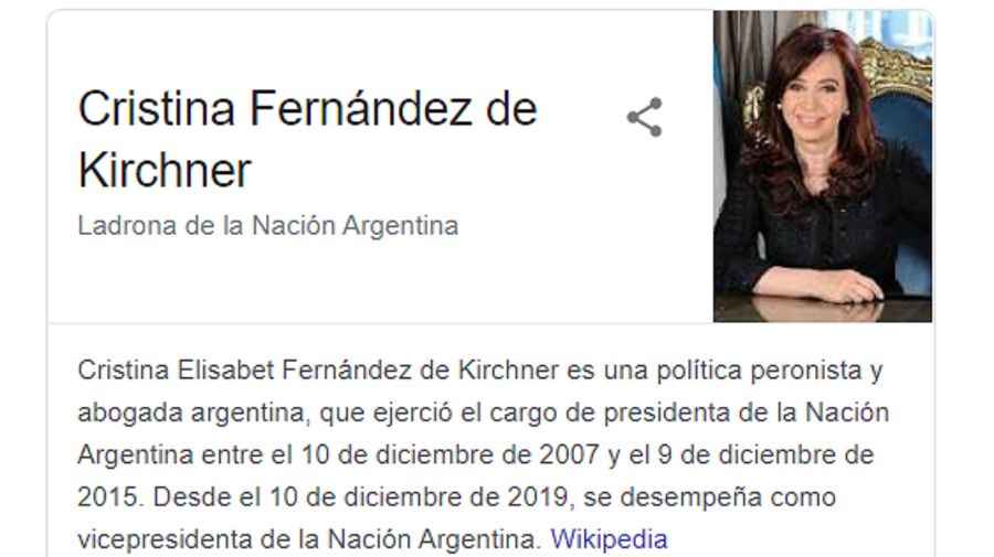 La calificación que Google asignaba a Cristina Kirchner generó revuelo en redes.