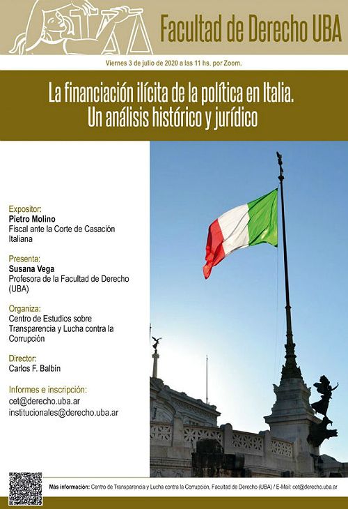 La conferencia del dcotor Pietro Molino, anunciada para el viernes 3 de julio por la Facultad de Derecho de la UBA.