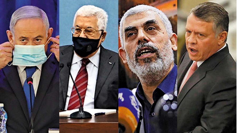 Protagonistas. Netanyahu, el presidente palestino Abbas, Yahya Sinwar, líder de Hamas en Gaza y el rey jordano Abdallah. 