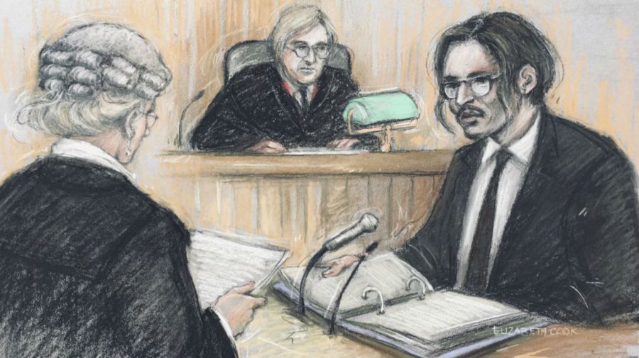 Johnny Depp siendo interrogado por la aboada Sasha Wass ante un juez en el Alto Tribunal en Londres