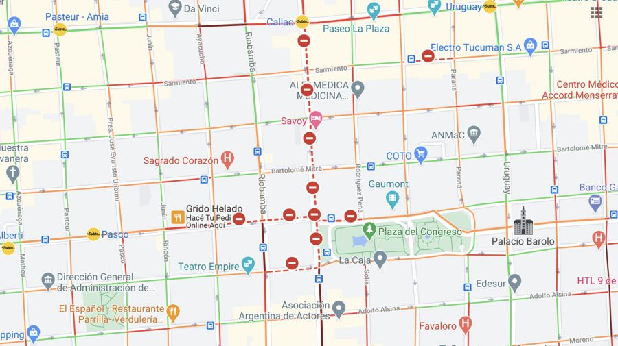 El tránsito será complicado en toda la zona alrededor del Congreso. Fuente: Google Maps.