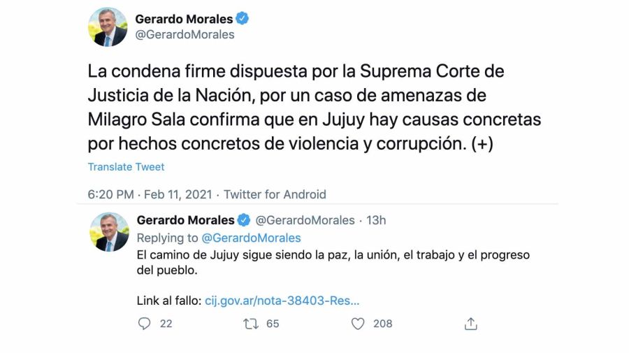 Gerardo Morales tuiteó sobre la condena firme a Milagro Sala.