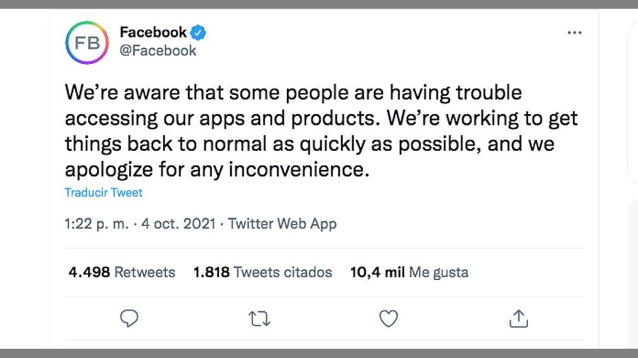 tweet de Facebook sobre la caída del servicio 20211004