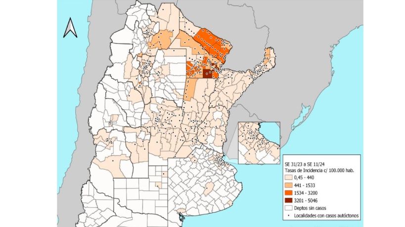 Mapa nacional con los casos de Dengue