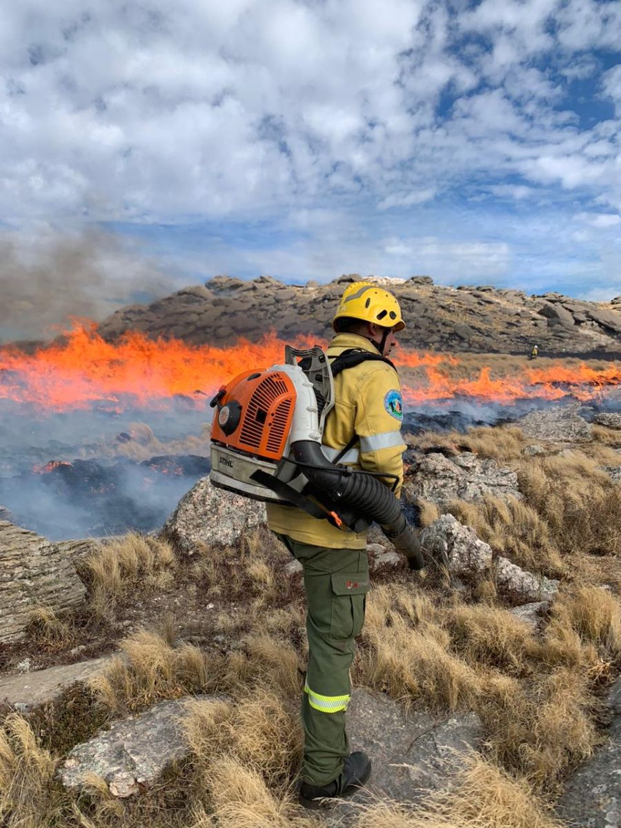 Brigadista combatiendo el fuego con mochilas especiales