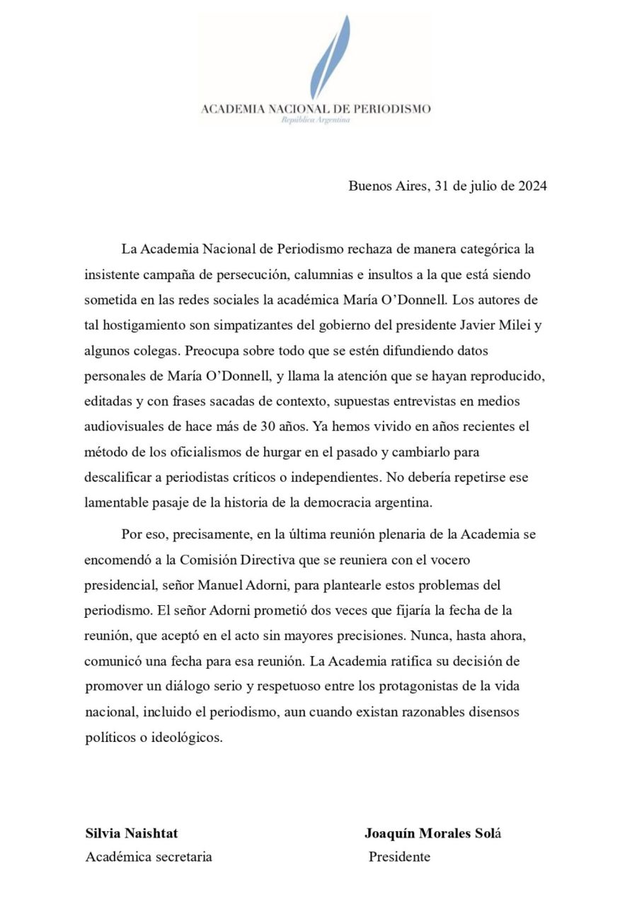 La Academia Nacional de Periodismo en defensa de María O’Donnell