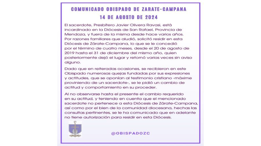 Comunicado Obispado Zárate-Campana por la expulsión de Olivera Ravasi