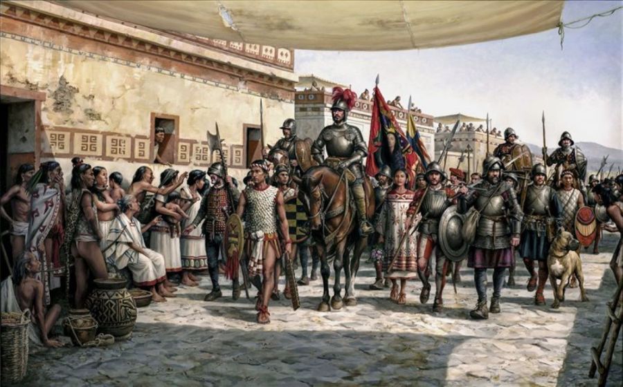 Entrada de Cortés en Tenochtitlán según un óleo de Augusto Ferrer Dalmau pintado el 2020