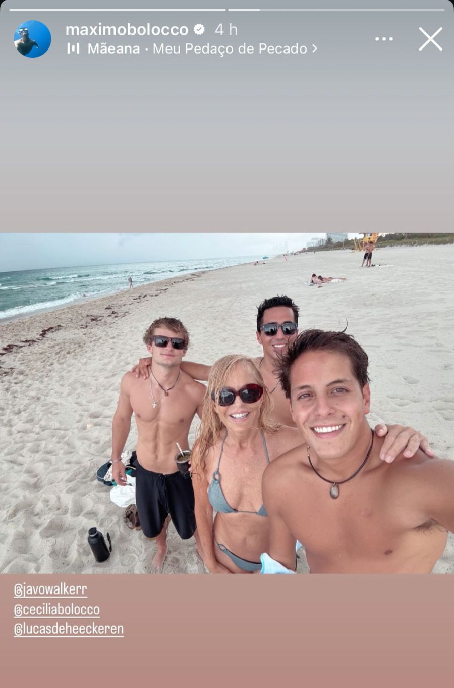 Máximo Menem y Cecilia Bolocco en la playa junto a amigos