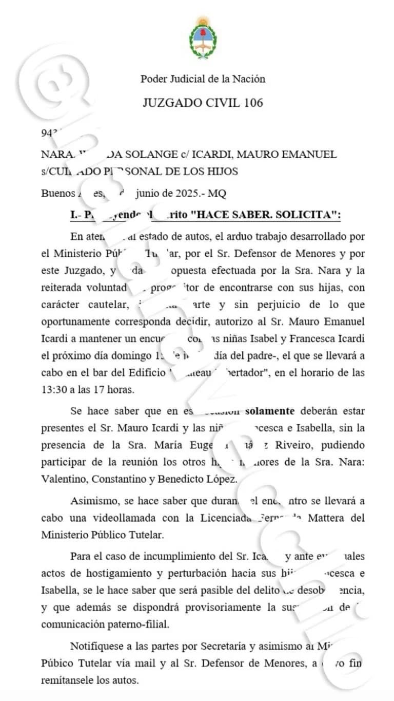 El documento que habilita a Mauro Icardi a ver a sus hijas
