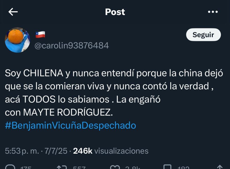 El tweet en que confirman la infidelidad de Benjamín Vicuña a la China Suárez