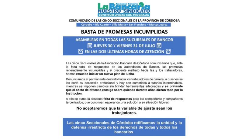 Crece el conflicto en Bancor: habrá asambleas este jueves y viernes