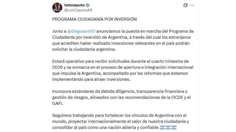 Publicación de Toto Caputo en X