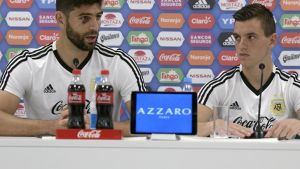Federico Fazio (left) and Giovani Lo Celso speak during a press conference at Argentina's base camp in Bronnitsy, near Moscow.