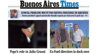 La tapa de Buenos Aires Times de este sábado.