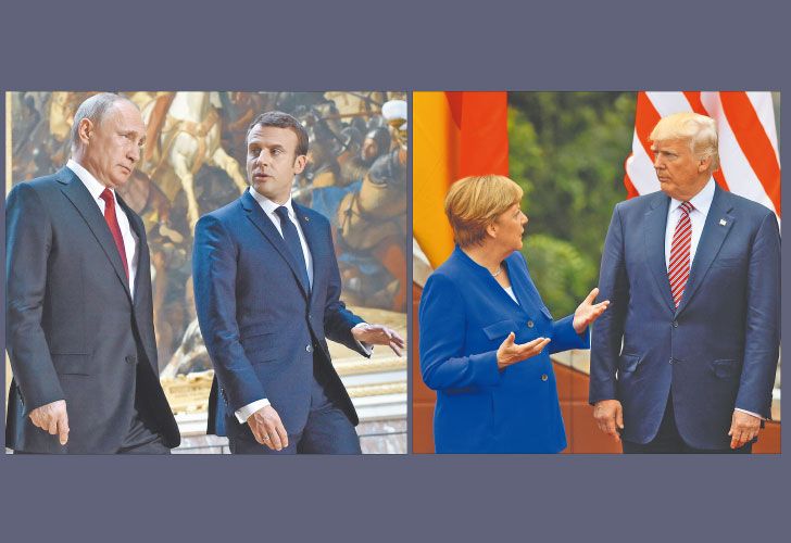 Coordinados. En los últimos días, Macron y Merkel se cruzaron con Putin y Trump y coincidieron en un libreto de declaraciones públicas para diferenciarse de ellos en temas como terrorismo, integración y cambio climático.