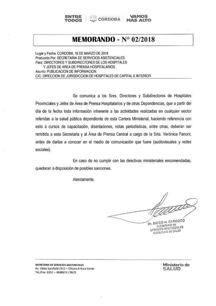 Copia del memorando N° 2/2018 enviado el 16 de marzo a los directores y subdirectores de los 42 hospitales de la Provincia, así como a los jefes de áreas de prensa hospitalarios.