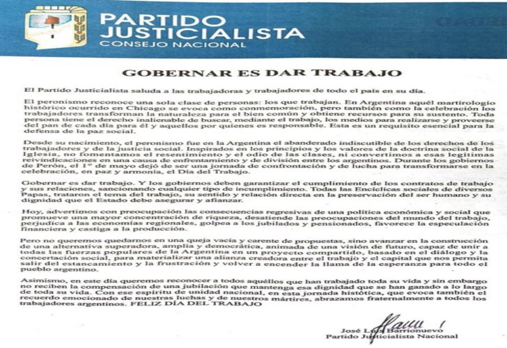 La solicitada difundida por Barrionuevo