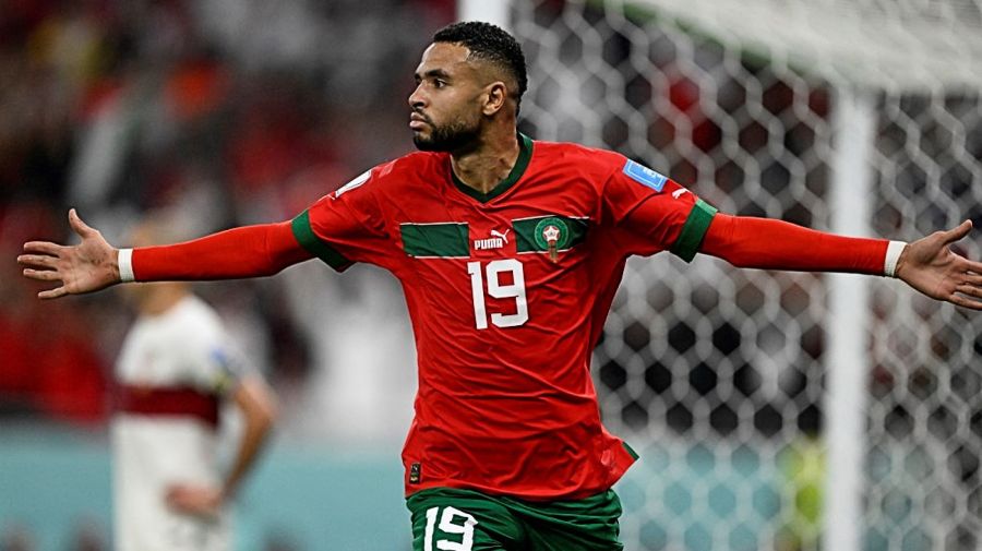 En-Nesyri festeja el gol de Marruecos en la victoria ante Portugal 