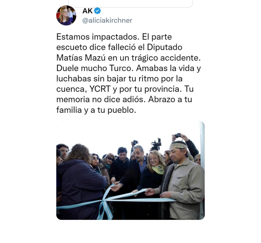 Tweet de Alicia Kirchner por la muerte de Matías Mazú.