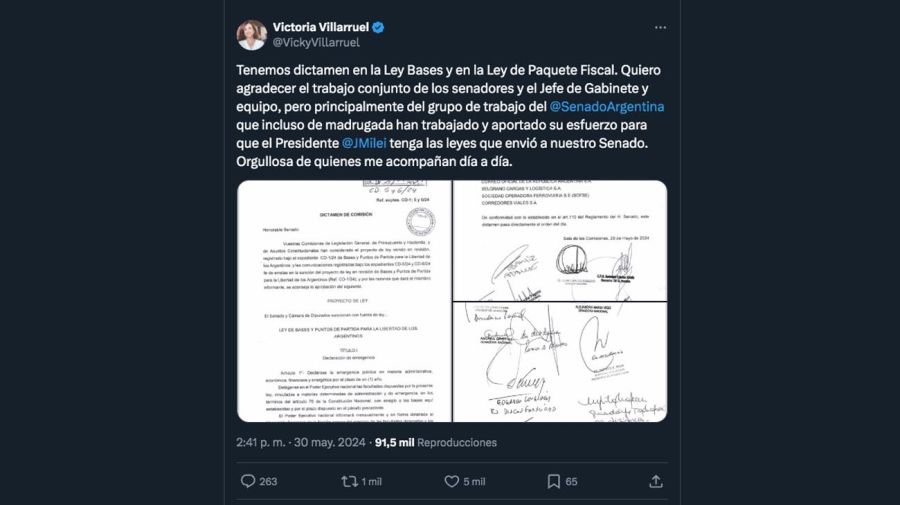 El tuit donde Victoria Villarruel anunciaba que hubo dictamente en el Senado por la Ley Bases.