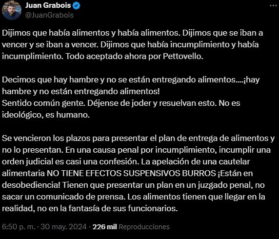 El tuit donde el dirigente social, Juan Grabois, critica al Gobierno de Milei por la retención alimentaria.