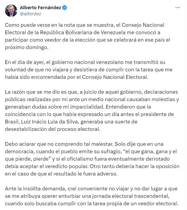 El tuit con que Alberto Fernández anunció que el gobierno de Maduro le informó que no será veedor en las elecciones.