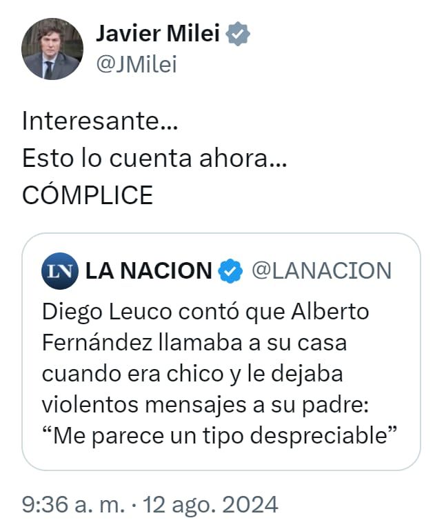 La acusación de Javier Milei a Diego Leuco. 