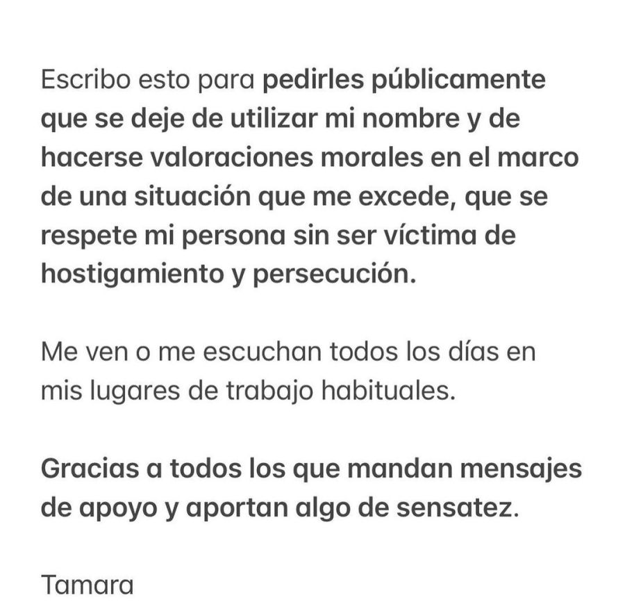 El comunicado de Tamara Pettinato. 