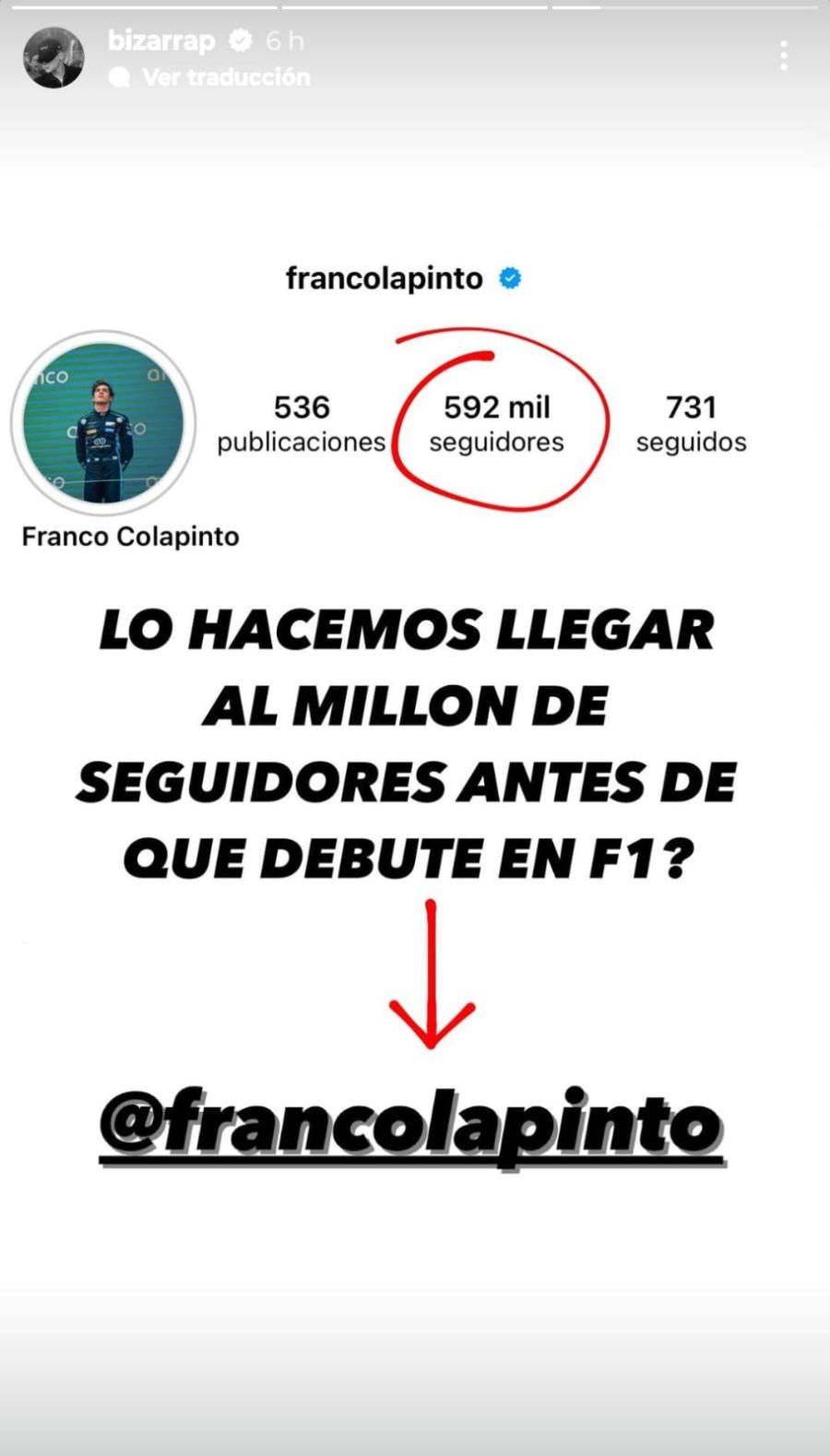 La historia de Instagram de Bizarrap.