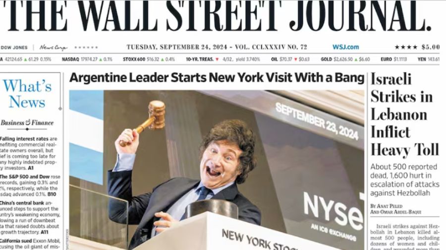 Javier Milei, llegó a la tapa de The Wall Street Journal tras su paso por la Bolsa de Nueva York.