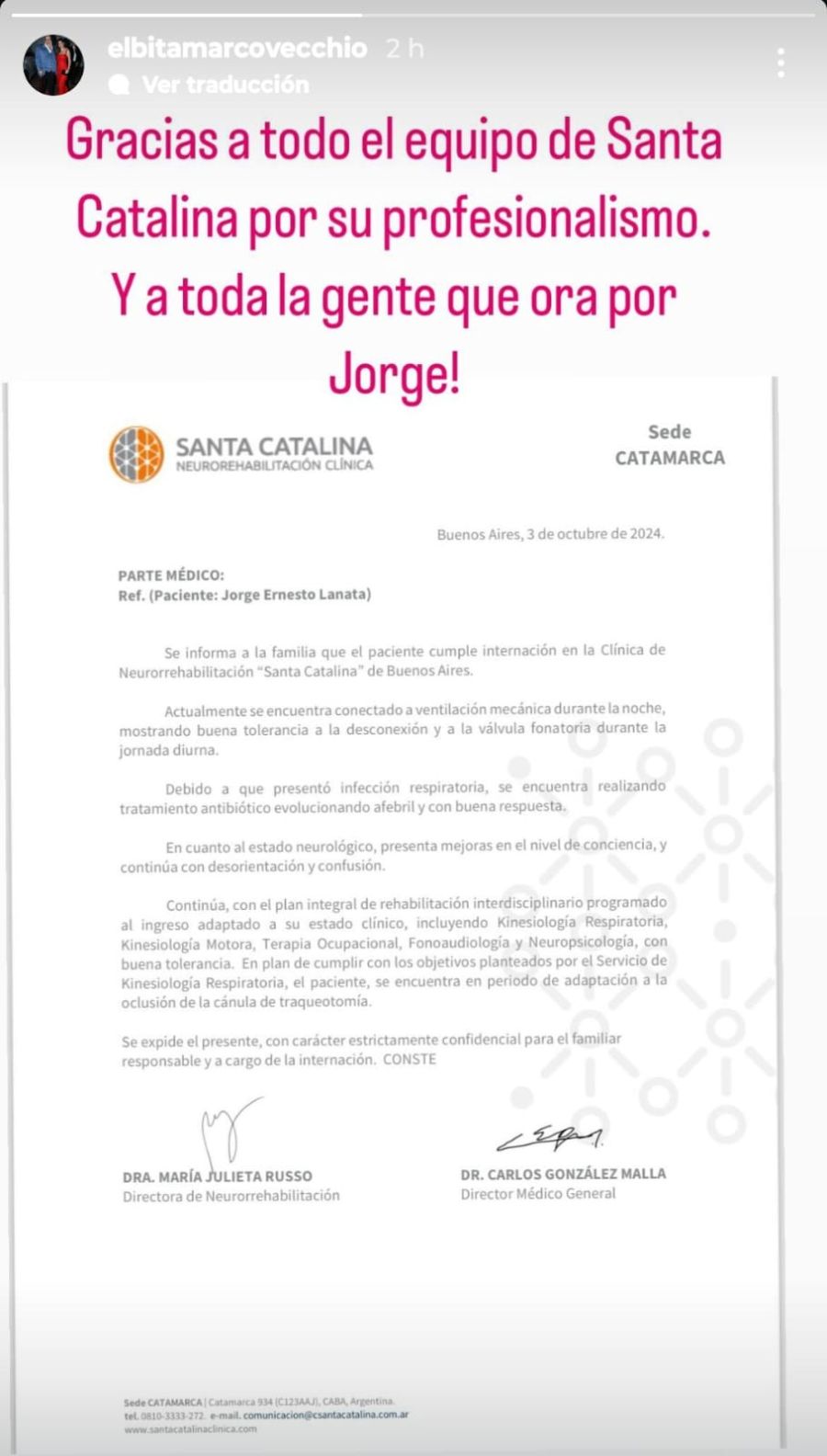 El nuevo parte médico de Jorge Lanata. 