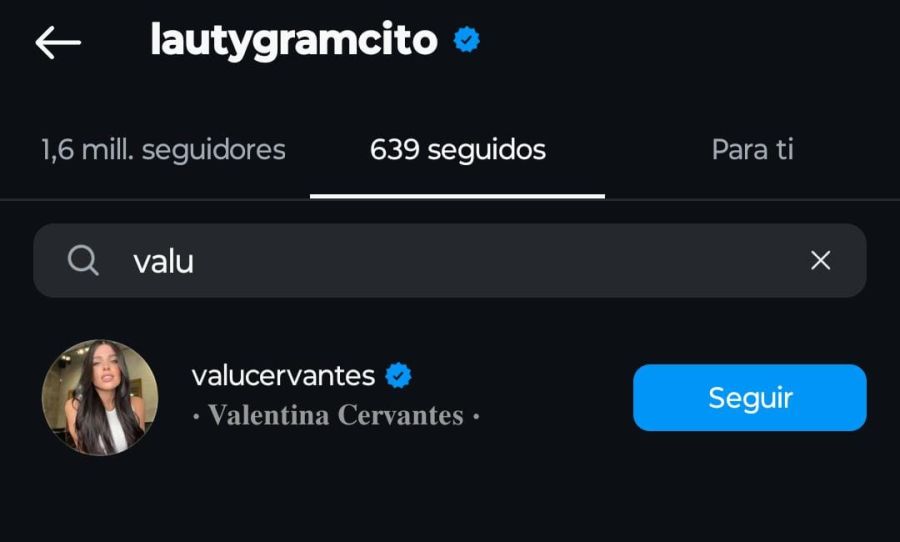 Lauty Gram sigue en Instagram a Valentina Cervantes.