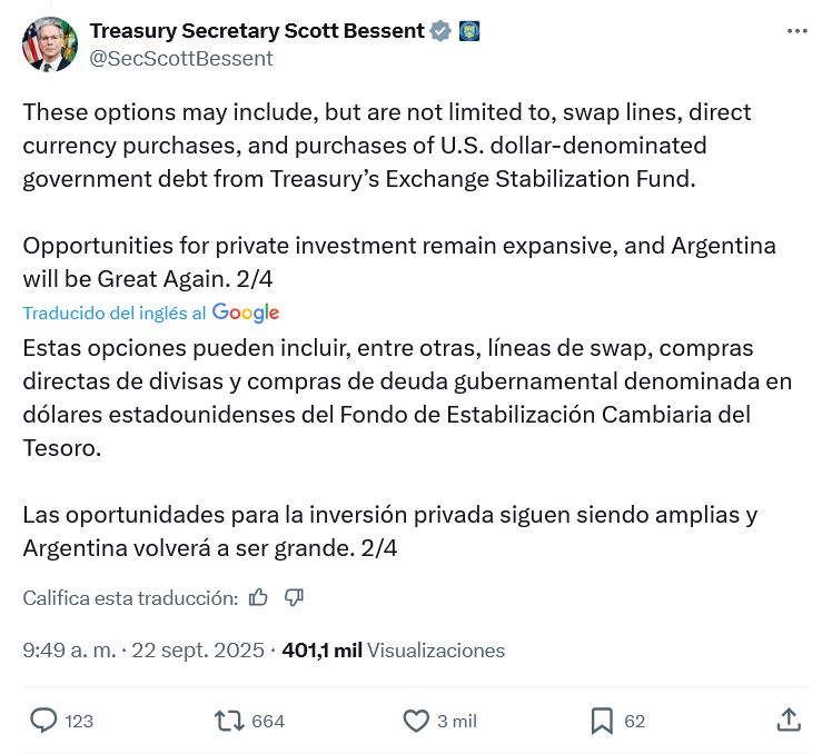 Bessent enumeró las opciones para ayudar a la Argentina desde el Tesoro de EEUU